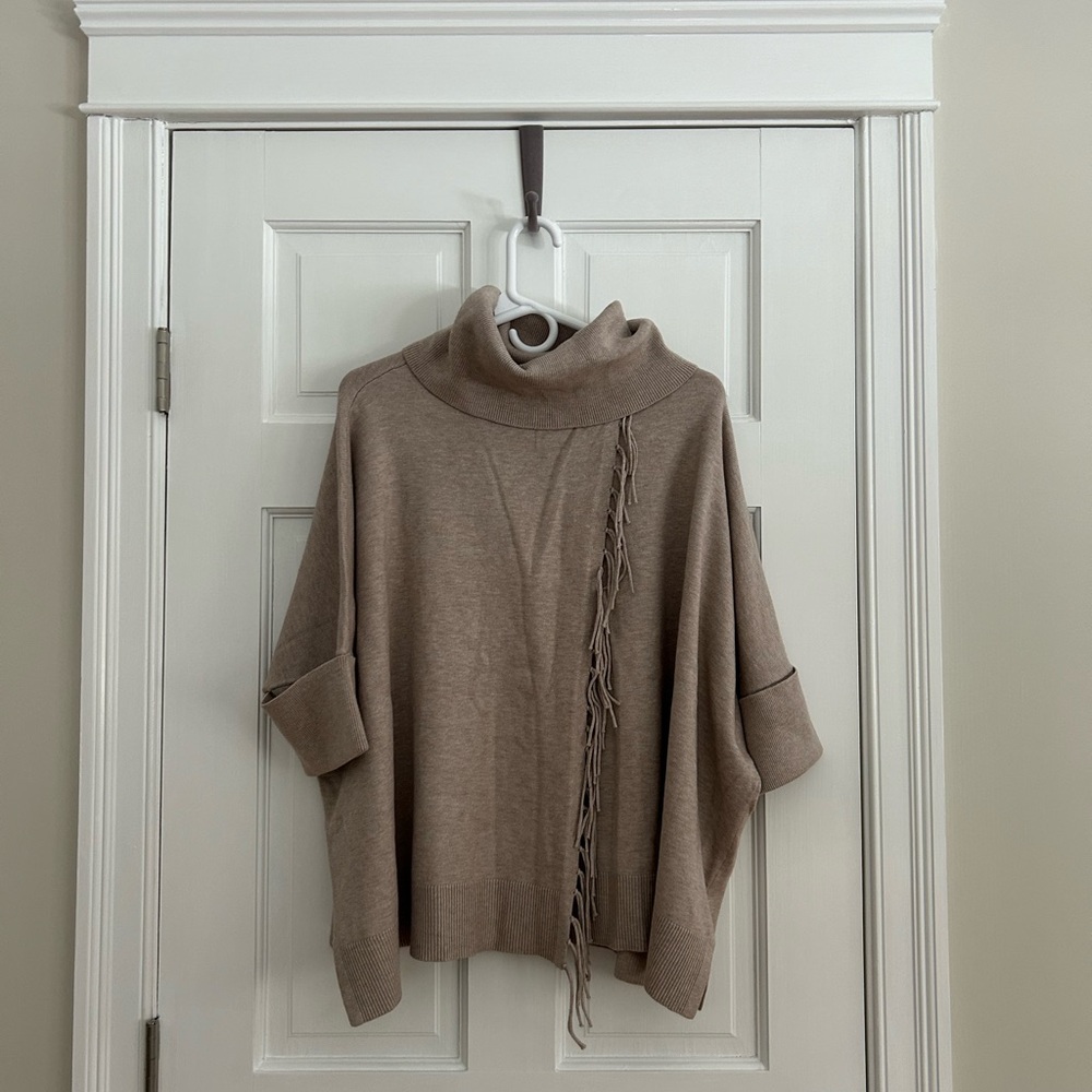 Cowl Neck Fringe Cashmere Blend Poncho